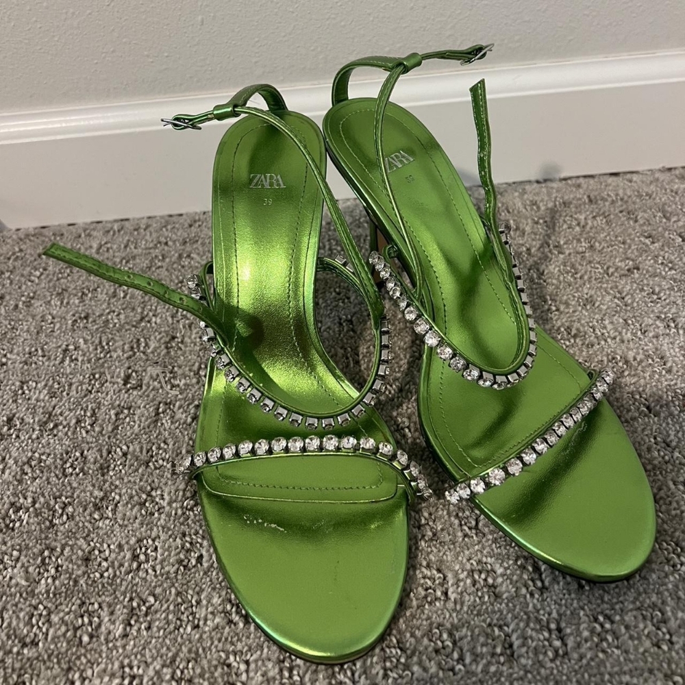 Zara Shiny Green Heeled Sandals